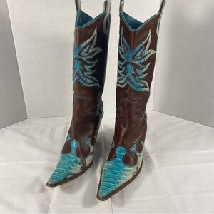 Para Raio Brown Turquoise White Snakeskin Leather Cowboy Boots Botas Sz 8M